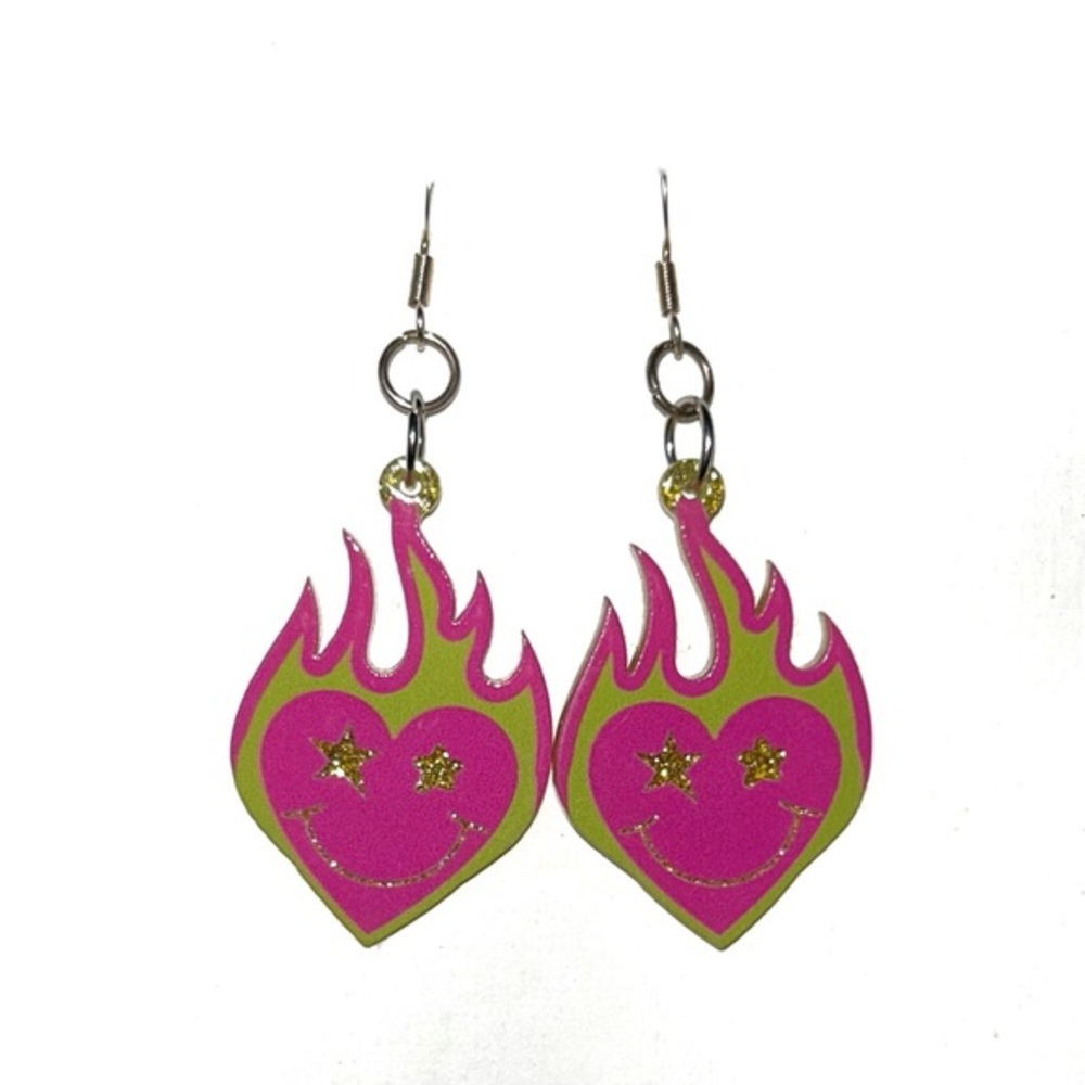 5 for $25 🌙  Pink and Green Flame Heart Earrings